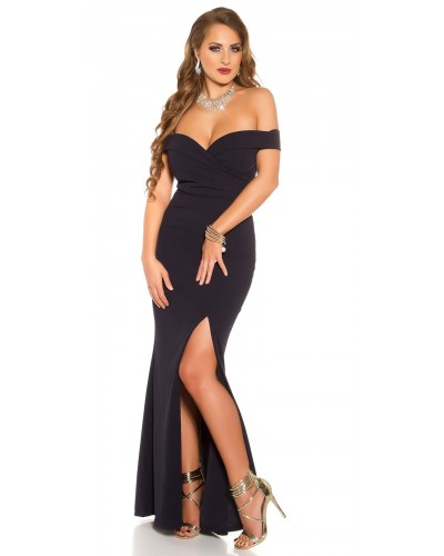 Rochie de ocazie lunga, bleumarin, mulata, cu umerii goi, crapata pe picior, Berda - dyandra.ro