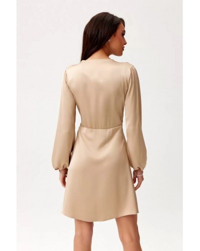 Rochii, Rochie din satin bej scurta cu maneca lunga petrecuta Labonita - dyandra.ro