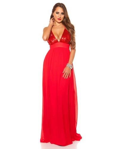 Rochie lunga rosie cu paiete pe bust Sevda - dyandra.ro