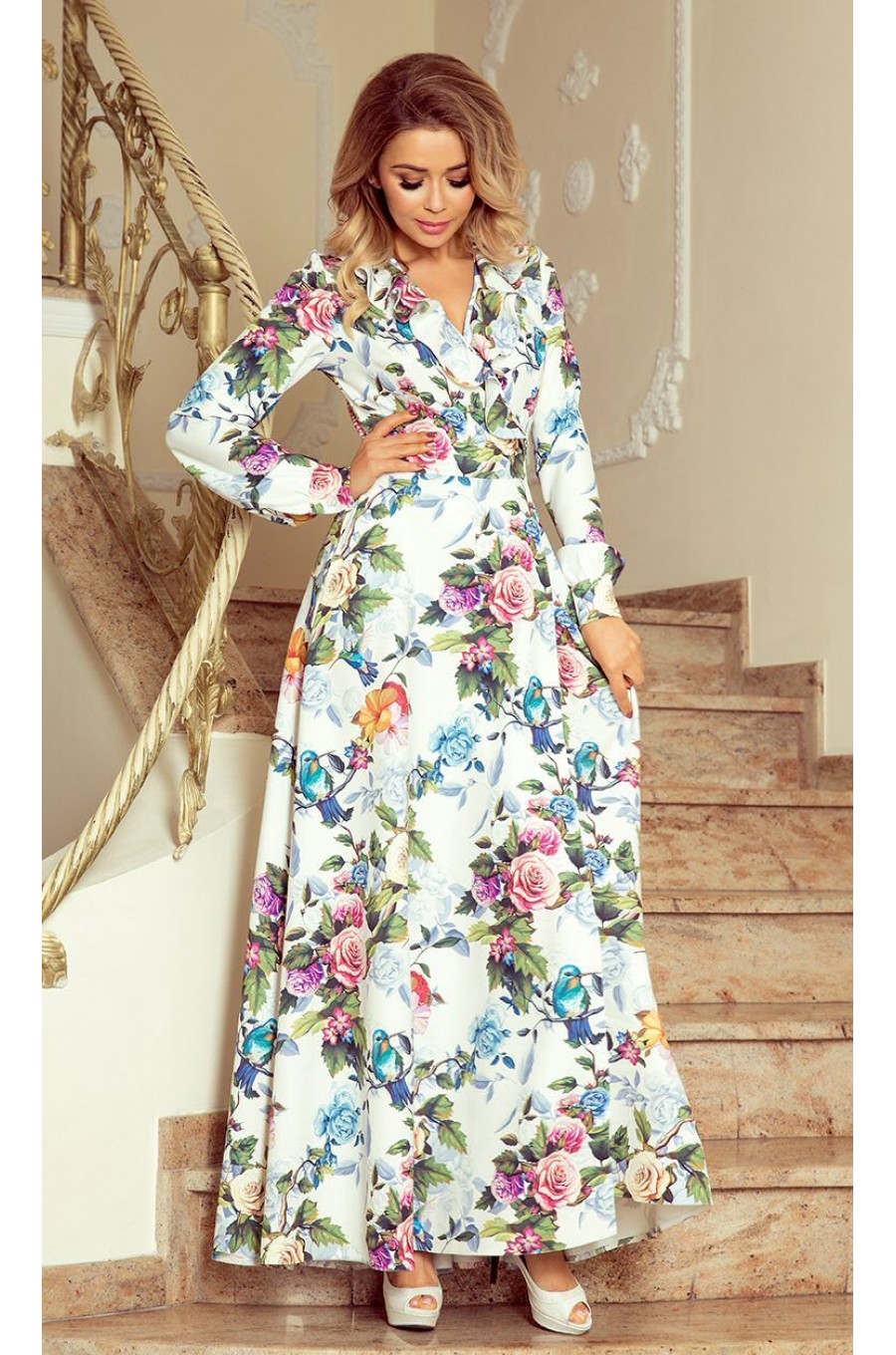 Rochie alba lunga cu flori multicolore cu maneca lunga suprapusa Rosella 1 - dyandra.ro