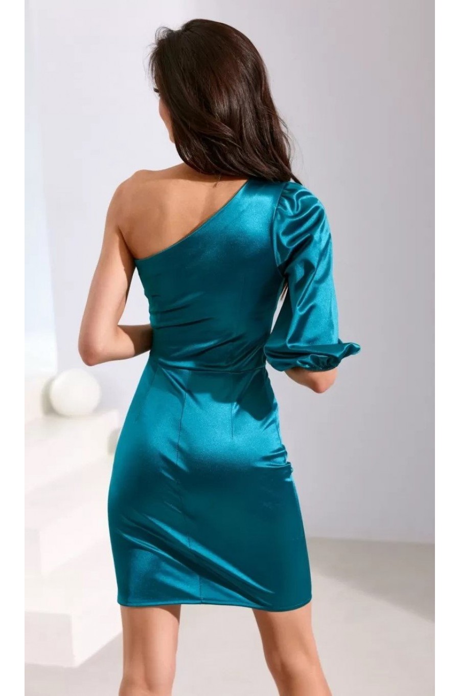 Rochie scurta din satin verde turcoaz mulata cu un umar gol Esmera 2 - dyandra.ro