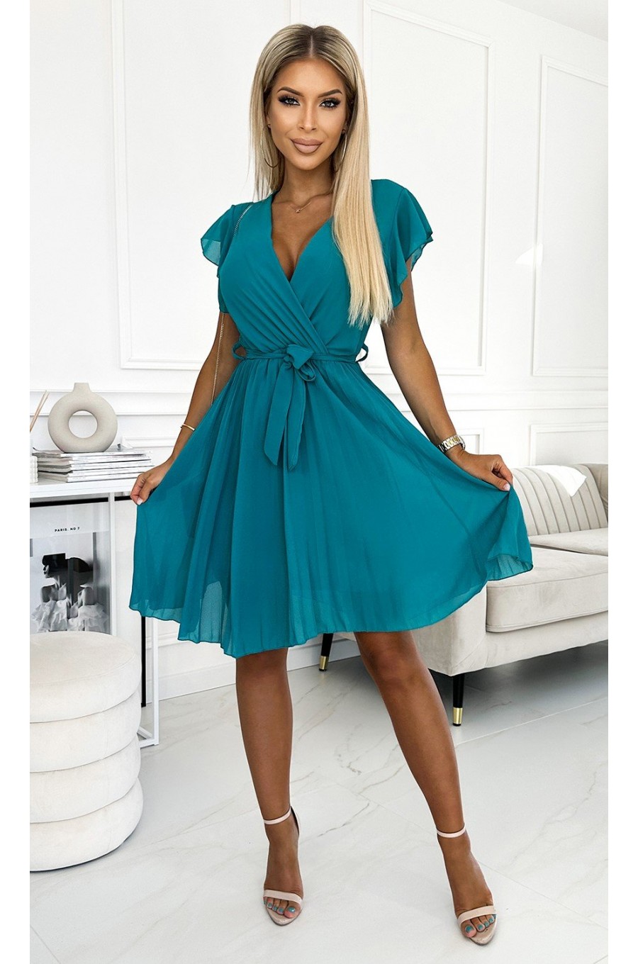 Rochie scurta plisata din chiffon bleu Soysen 5 - dyandra.ro