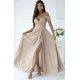 Rochie de ocazie lunga din bumbac si glitter sampanie cu umerii goi ValentinaLux 2 - dyandra.ro