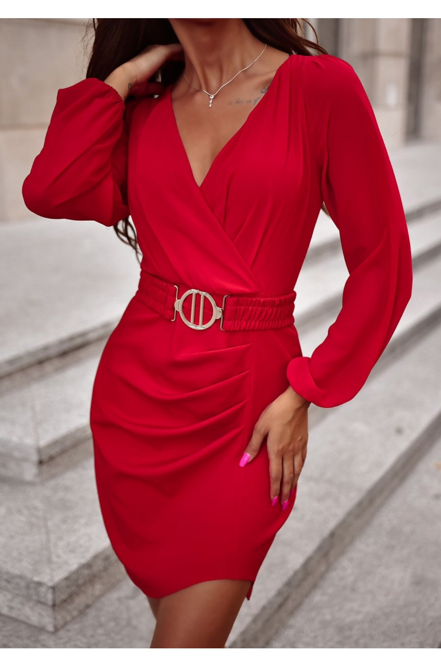 Rochie scurta rosie cu maneca lunga MiraW Rochie scurta rosie cu maneca lunga MiraW 1 - dyandra.ro