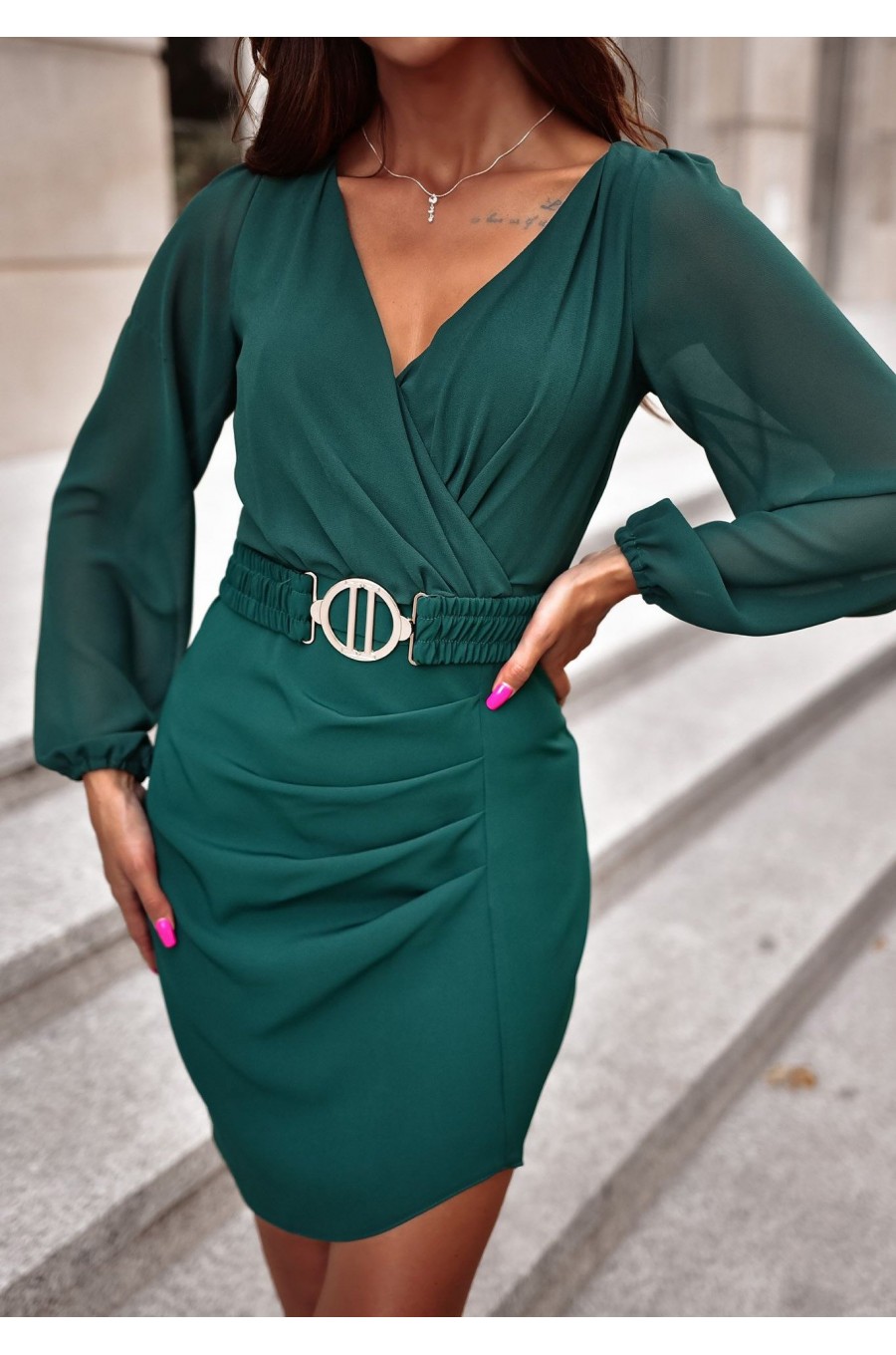 Rochie scurta verde cu maneca lunga MiraW Rochie scurta verde cu maneca lunga MiraW 1 - dyandra.ro