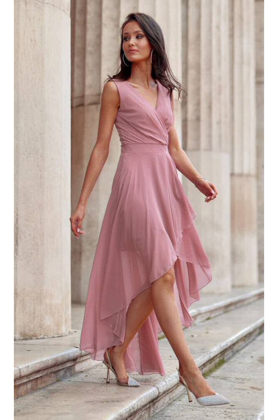 Rochie lunga din voal roz pal vaporoasa Fiona 1 - dyandra.ro