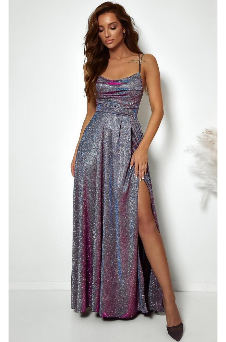 Rochie lunga din glitter argintie cu reflexii cu bust tip corset ValeriaLux 1 - dyandra.ro