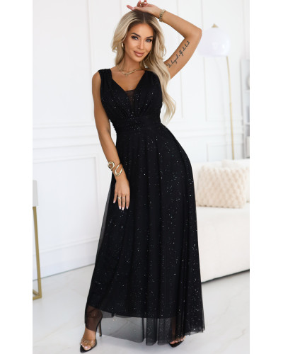 Rochie eleganta lunga neagra din brocard vaporoasa petrecuta Melania - dyandra.ro