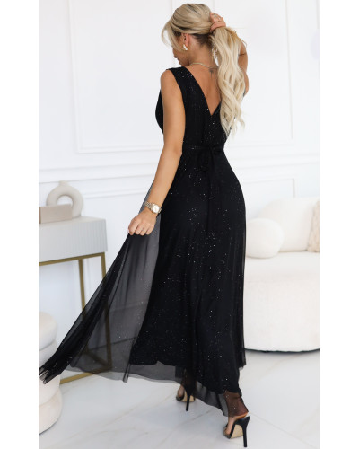 Rochie eleganta lunga neagra din brocard vaporoasa petrecuta Melania - dyandra.ro