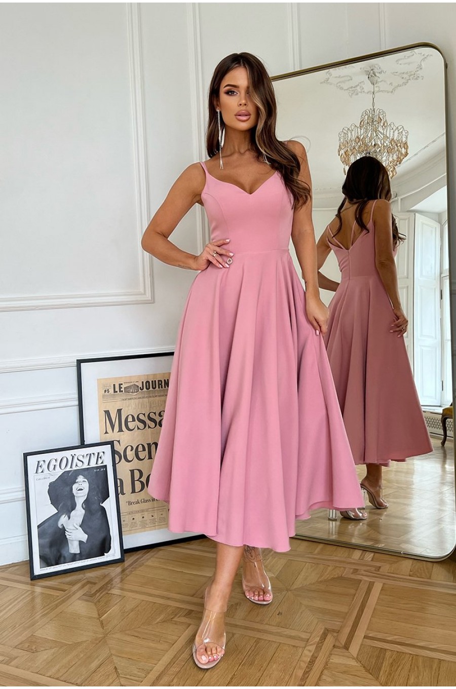 Rochie midi roz pudra vaporoasa cu umerii goi Fabiola Rochie midi roz pudra vaporoasa cu umerii goi Fabiola 4 - dyandra.ro