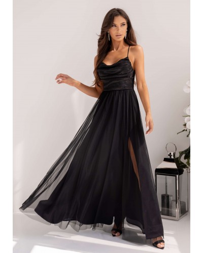 Rochii, Rochie eleganta neagra din tulle si brocard cu bustul tip corset si umerii goi RubyW - dyandra.ro