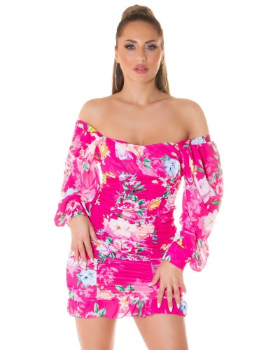 Rochie de vara scurta roz ciclam cu flori Macarena - dyandra.ro