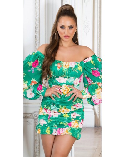 Rochie de vara scurta verde cu flori boho Macarena - dyandra.ro