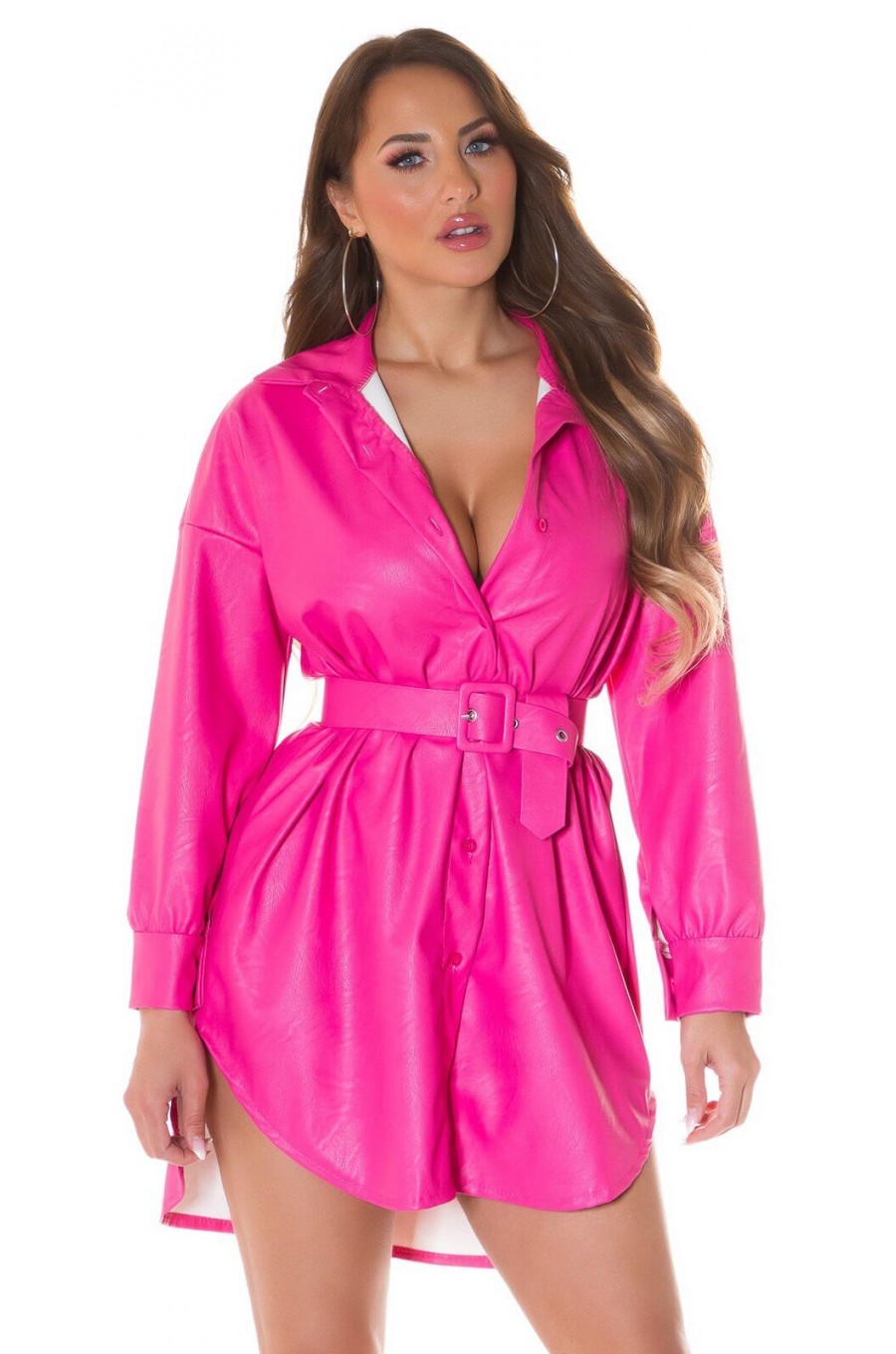 Rochie tip camasa, scurta, piele eco, roz bombon, Fay Rochie tip camasa, scurta, piele eco, roz bombon, Fay 1 - dyandra.ro