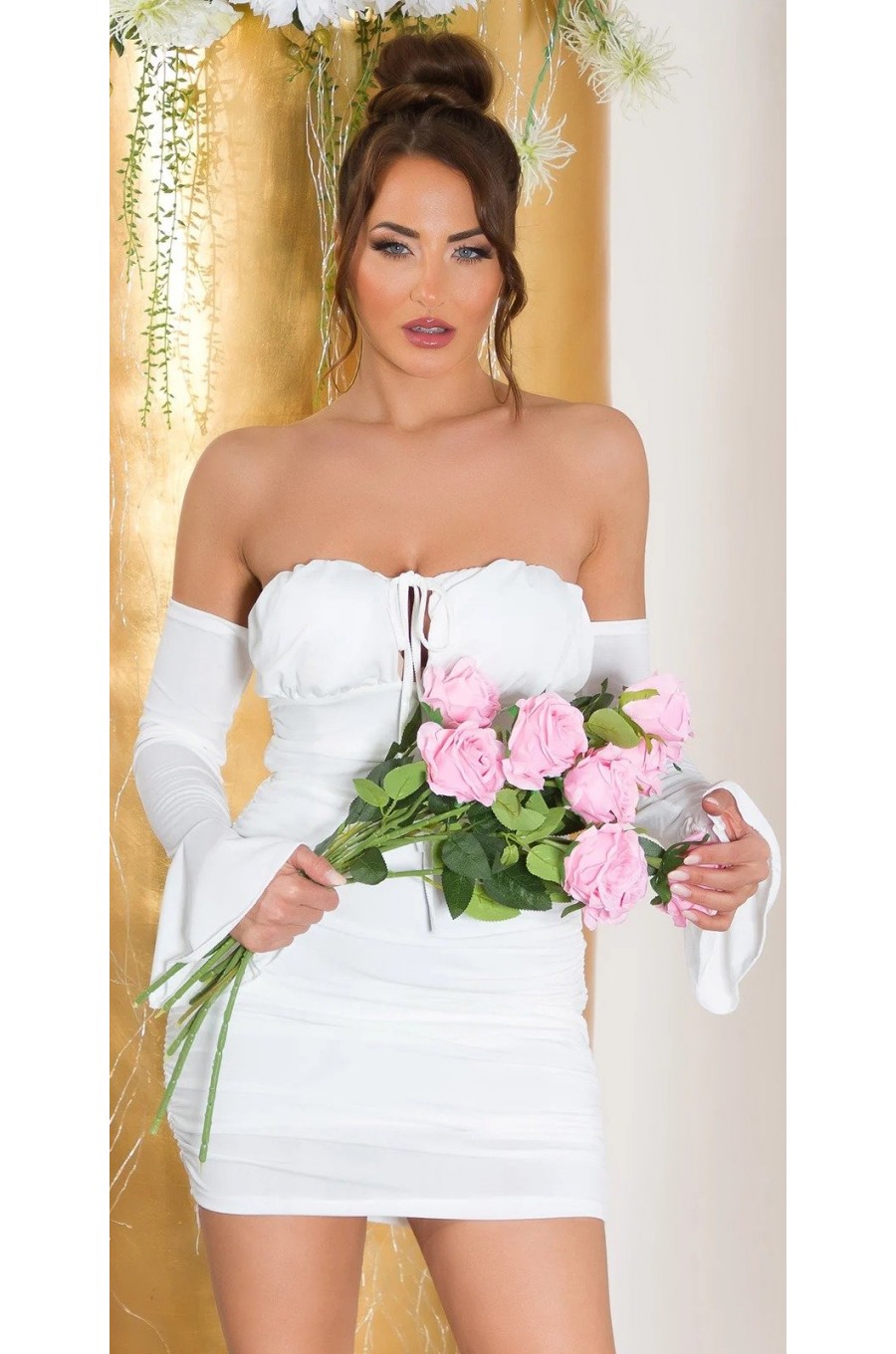 Rochie de cununie scurta, din nylon, alba, cu umerii goi si maneca lunga, Darcy 1 - dyandra.ro
