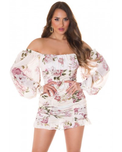 Rochie scurta mulata bej cu flori boho Macarena - dyandra.ro