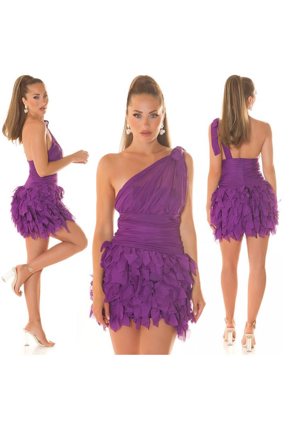 Rochie scurta mov cu pene din tulle cu umeri goi Bambolina 5 - dyandra.ro