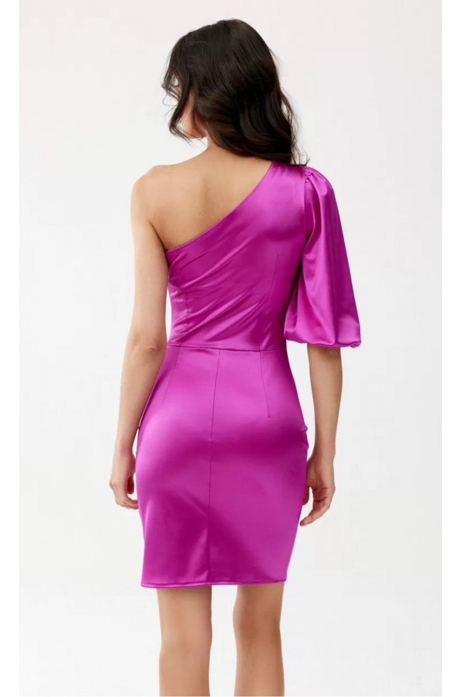Rochie scurta din satin roz fucsia cu un umar gol Esmera Rochie scurta din satin roz fucsia cu un umar gol Esmera 3 - dyandra.ro