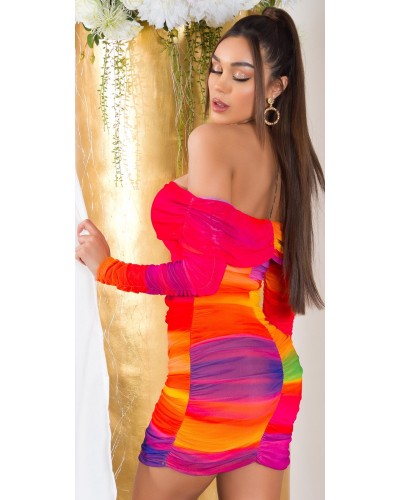 Rochie scurta mulata orange multicolora cu maneca lunga si umerii goi Katenka Rochie scurta mulata orange multicolora cu maneca lunga si umerii goi Katenka - dyandra.ro