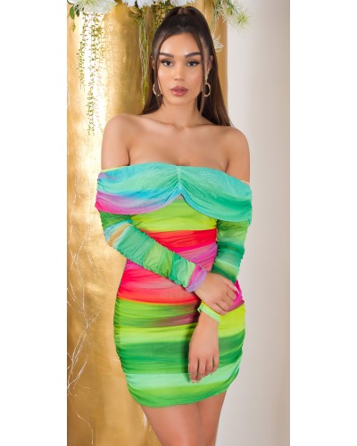 Rochie scurta, mulata, verde multicolora, cu maneca lunga si umerii goi, Katenka - dyandra.ro