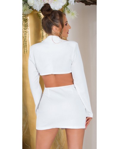 Rochie scurta tip sacou, alba, cu maneca lunga si spate decupat, Delvania - dyandra.ro