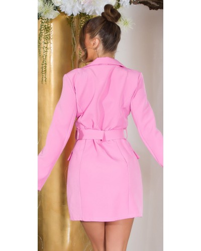 Rochie scurta tip sacou, roz, cu maneca lunga, Eliza - dyandra.ro