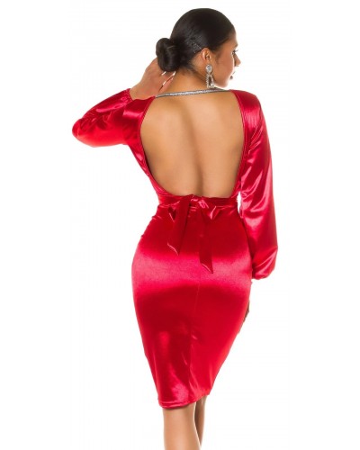 Rochie midi rosie mulata din satin cu maneca lunga Luissa - dyandra.ro