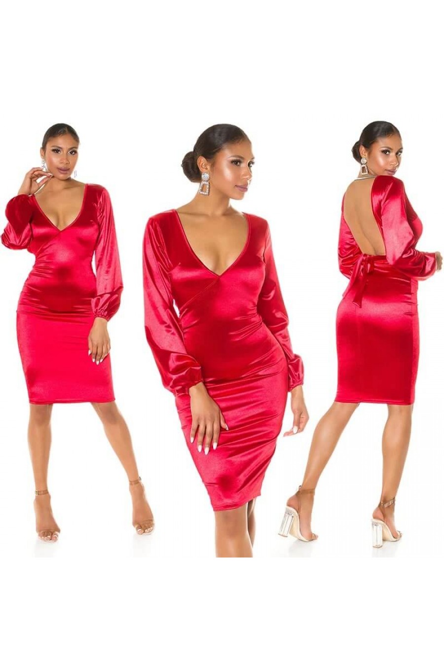 Rochie midi rosie mulata din satin cu maneca lunga Luissa Rochie midi rosie mulata din satin cu maneca lunga Luissa 6 - dyandra.ro