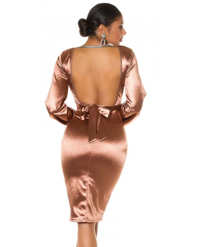 Rochie midi mulata din satin maro cu maneca lunga Luissa - dyandra.ro