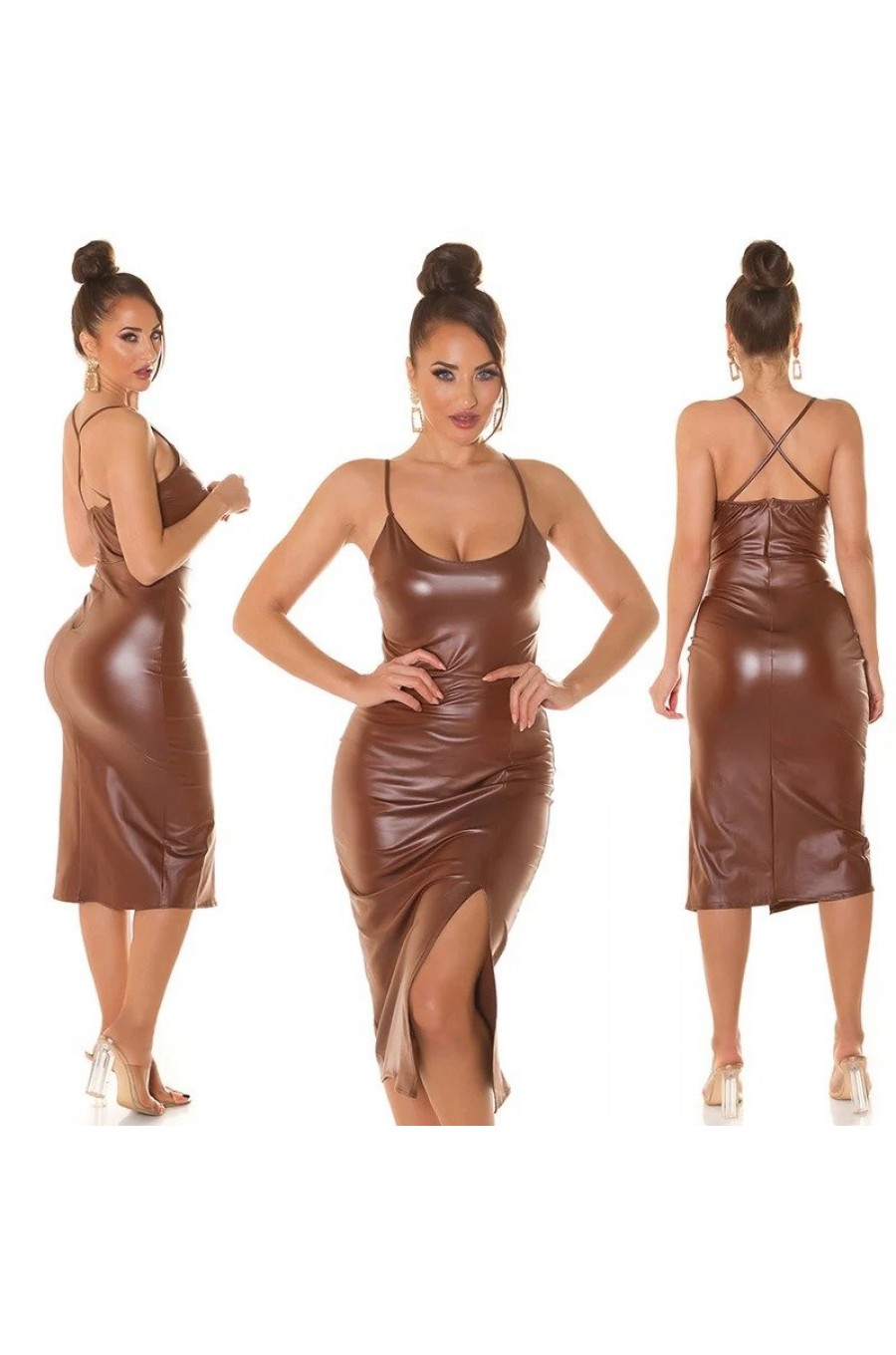 Rochie midi, din piele eco, maro, mulata, crapata pe picior, Hetty Rochie midi, din piele eco, maro, mulata, crapata pe picior, Hetty 7 - dyandra.ro