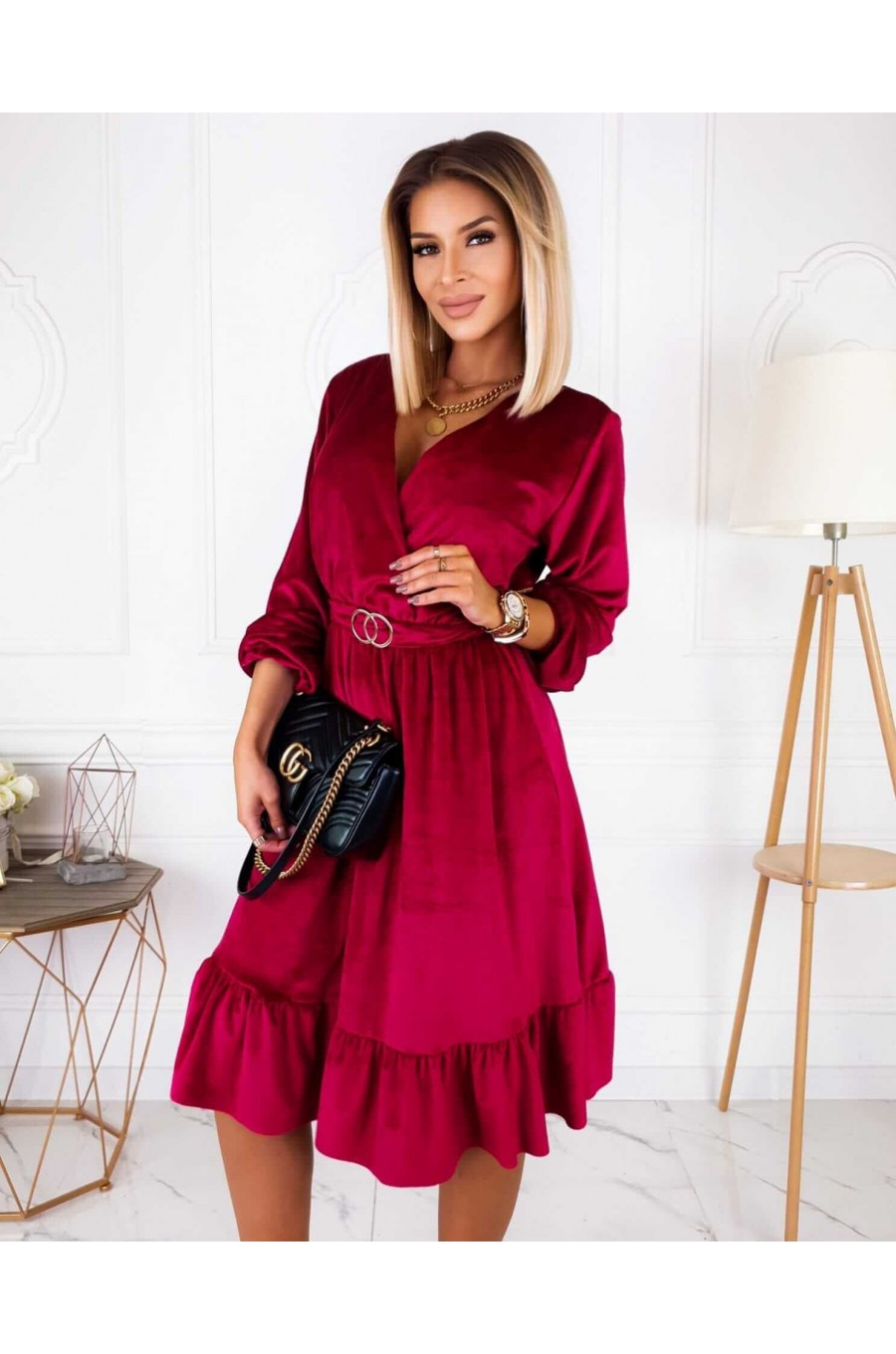 Rochie de ocazie midi, din catifea burgundy, cu maneca lunga si volan, Flavia 1 - dyandra.ro