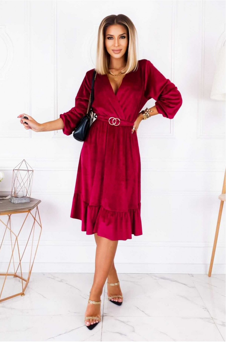 Rochie de ocazie midi, din catifea burgundy, cu maneca lunga si volan, Flavia 2 - dyandra.ro