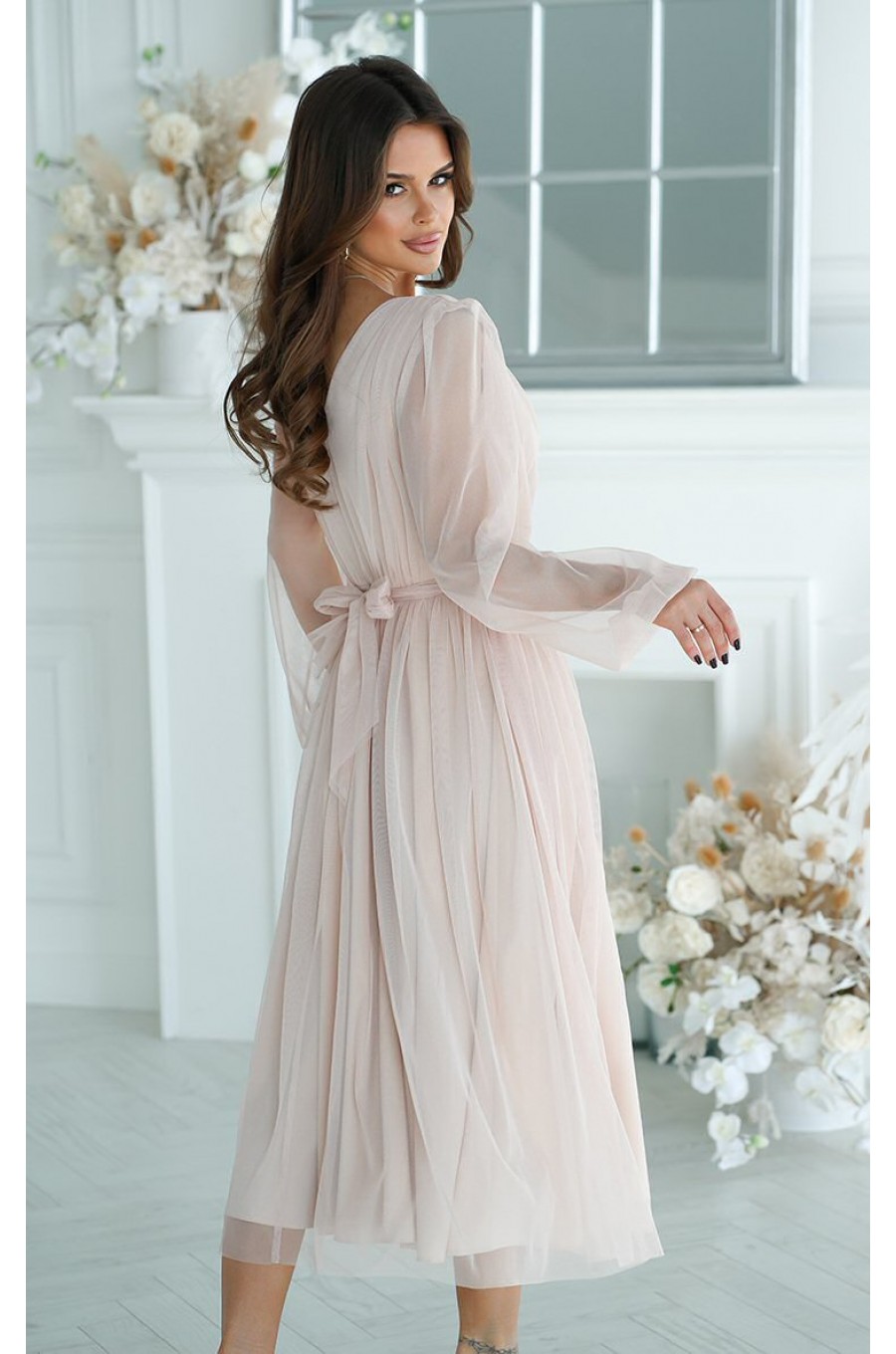 Rochie cununie civila midi, din tul cu glitter, bej, evazata, cu maneca lunga, Petra Rochie cununie civila midi, din tul cu glitter, bej, evazata, cu maneca lunga, Petra 2 - dyandra.ro