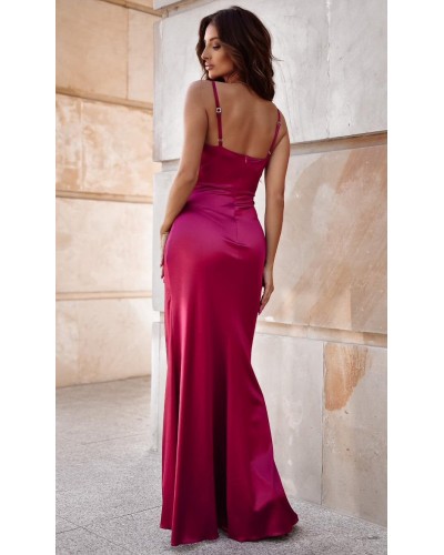 Rochie eleganta lunga, din satin, burgundy, mulata, drapata, Narin - dyandra.ro
