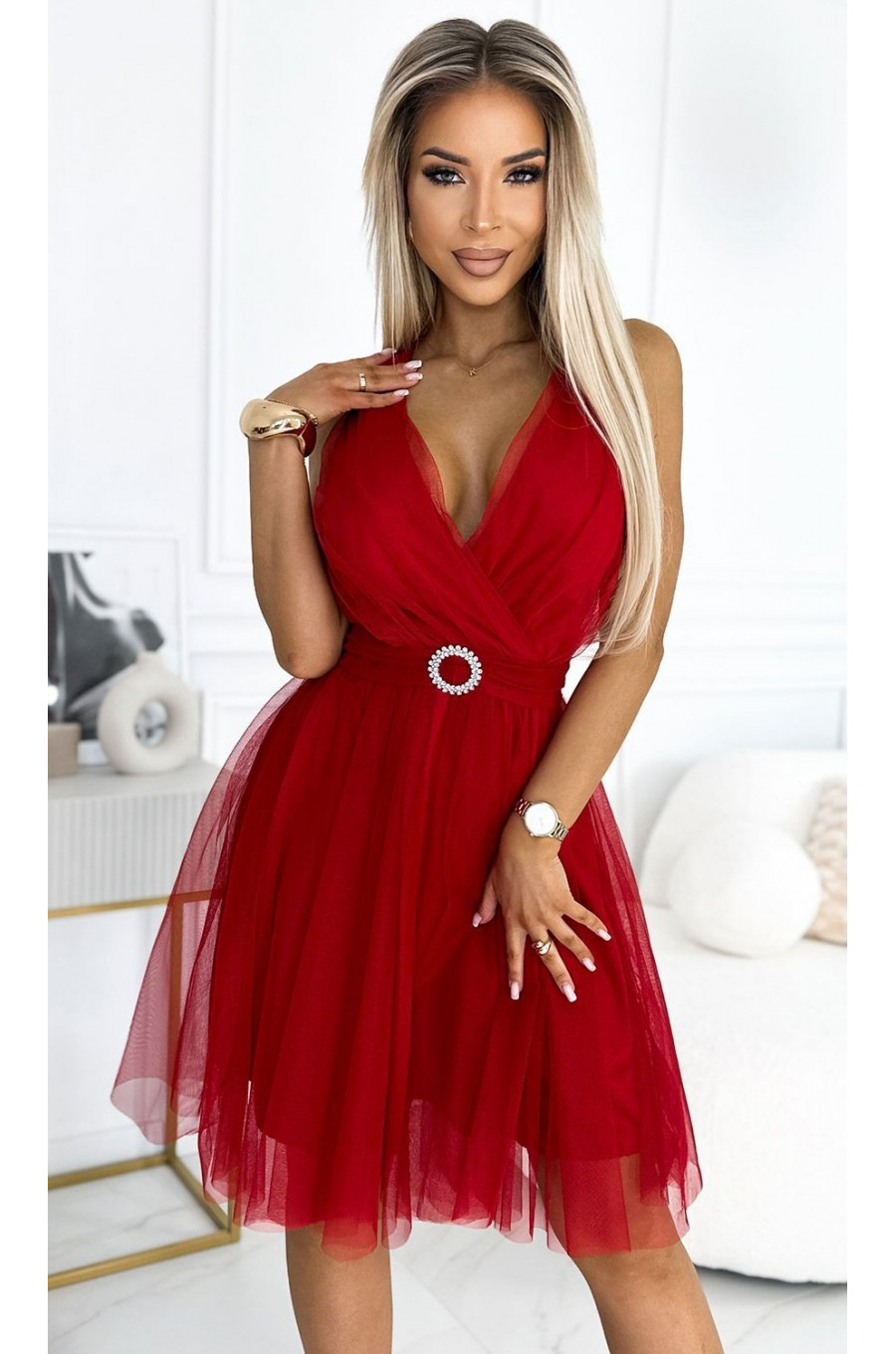 Rochie eleganta baby doll scurta, din tulle, rosie, in clos, Amirah 1 - dyandra.ro
