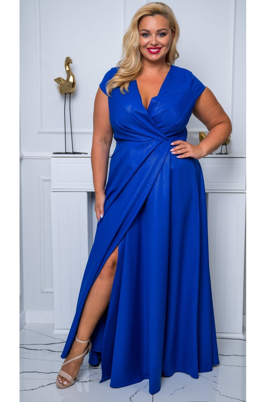 Rochie marime mare eleganta, lunga, albastra din brocard, NataliaB 3 - dyandra.ro