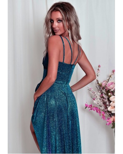 Rochie eleganta lunga, glitter, albastru turcoaz cu reflexii, asimetrica, cu decolteu plic, EssaW - dyandra.ro