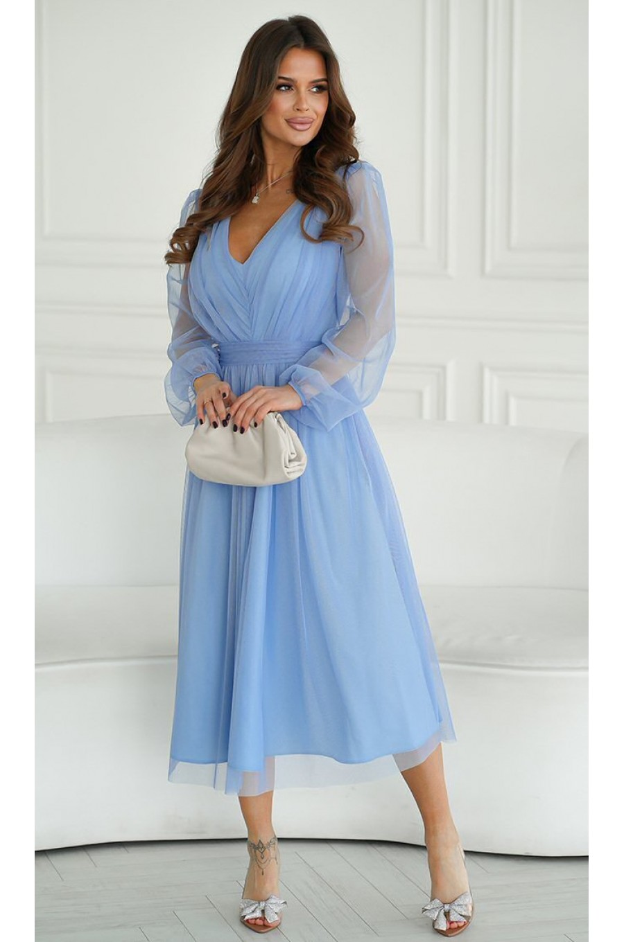 Rochie eleganta midi, din tul cu glitter, bleu, evazata, cu maneca lunga, Petra Rochie eleganta midi, din tul cu glitter, bleu, evazata, cu maneca lunga, Petra 1 - dyandra.ro