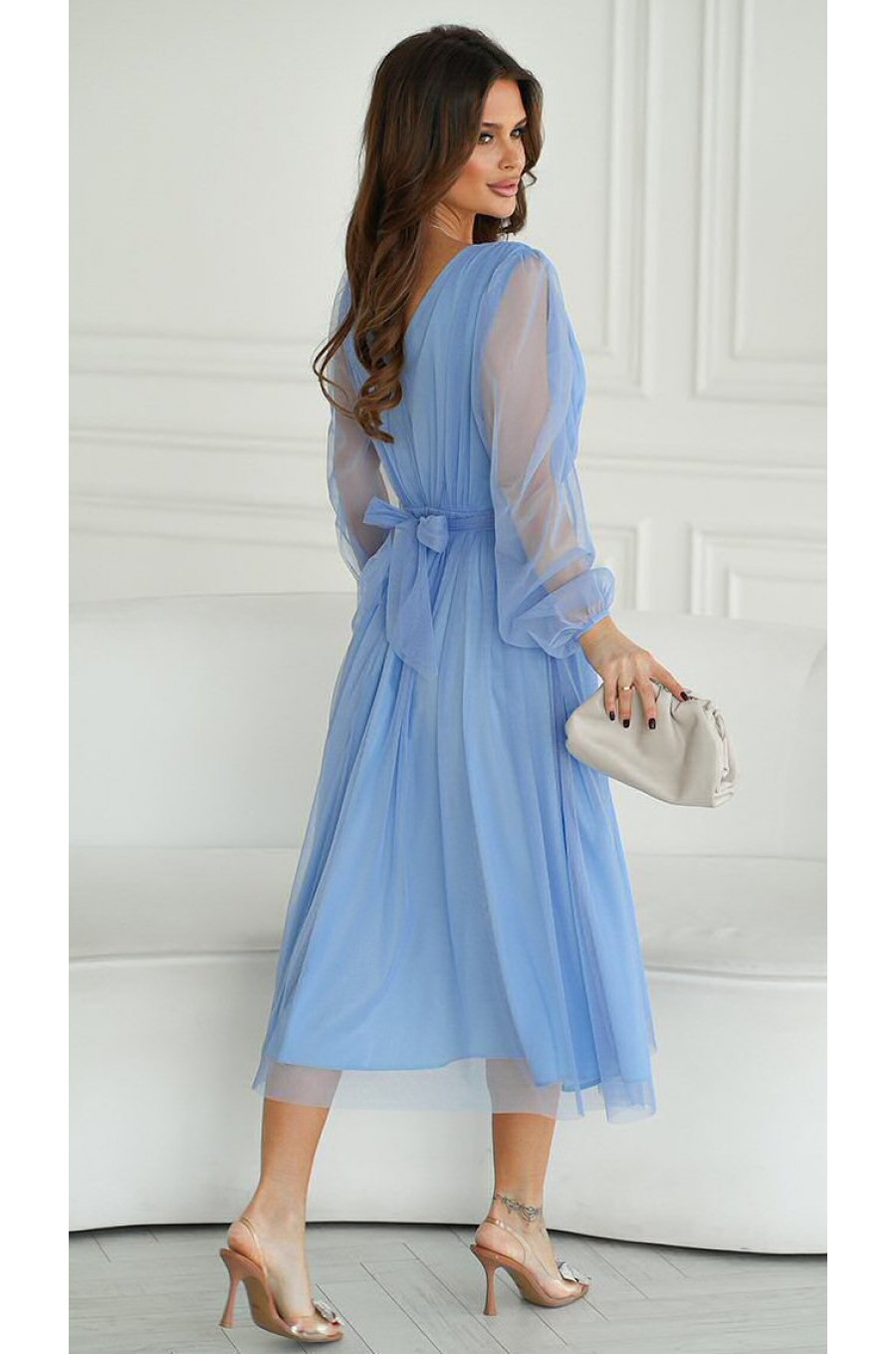Rochie eleganta midi, din tul cu glitter, bleu, evazata, cu maneca lunga, Petra Rochie eleganta midi, din tul cu glitter, bleu, evazata, cu maneca lunga, Petra 2 - dyandra.ro