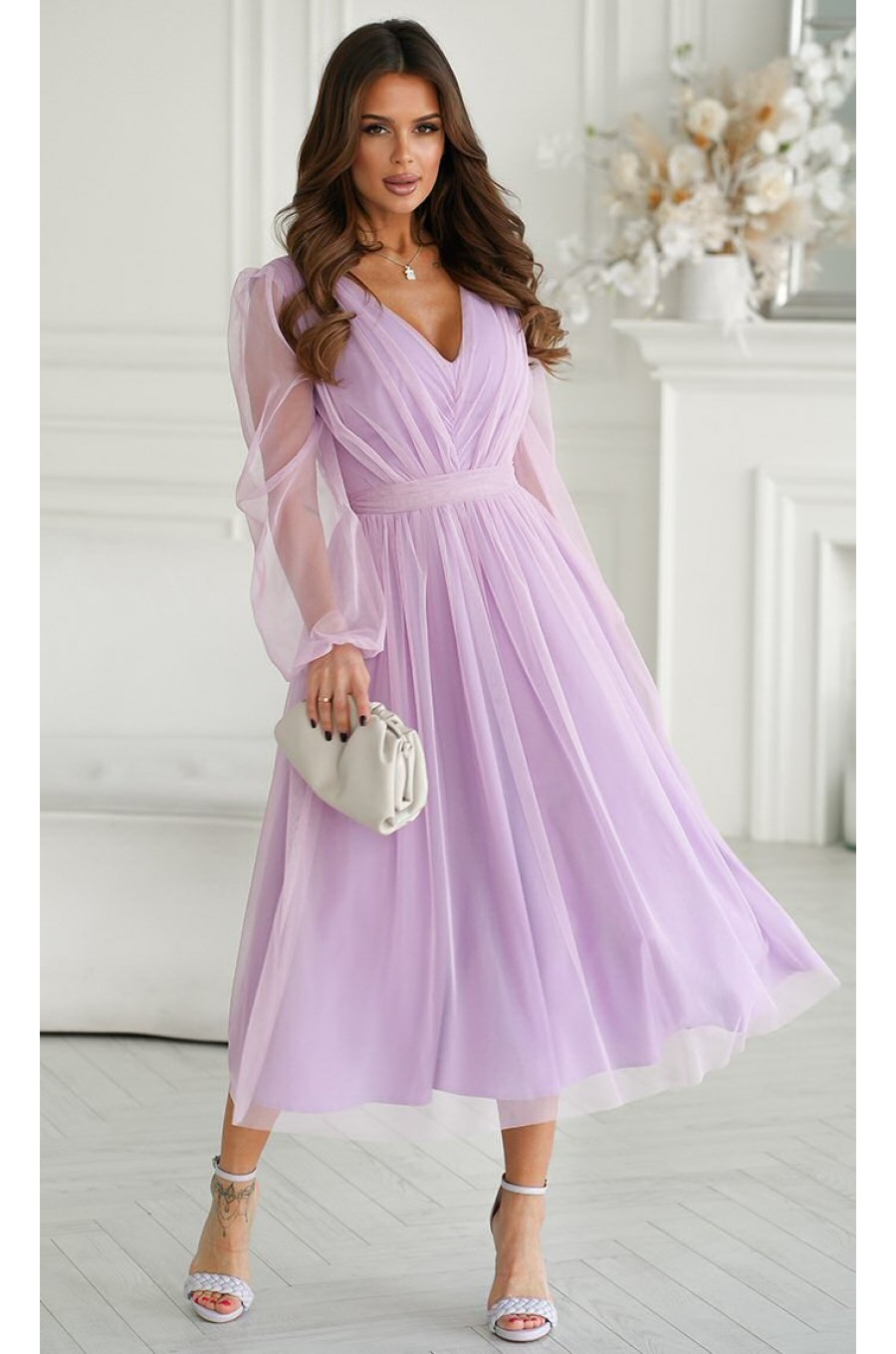 Rochie midi din tul cu glitter lila cu maneca lunga Petra 1 - dyandra.ro