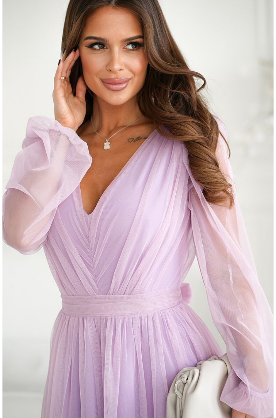 Rochie midi din tul cu glitter lila cu maneca lunga Petra 3 - dyandra.ro