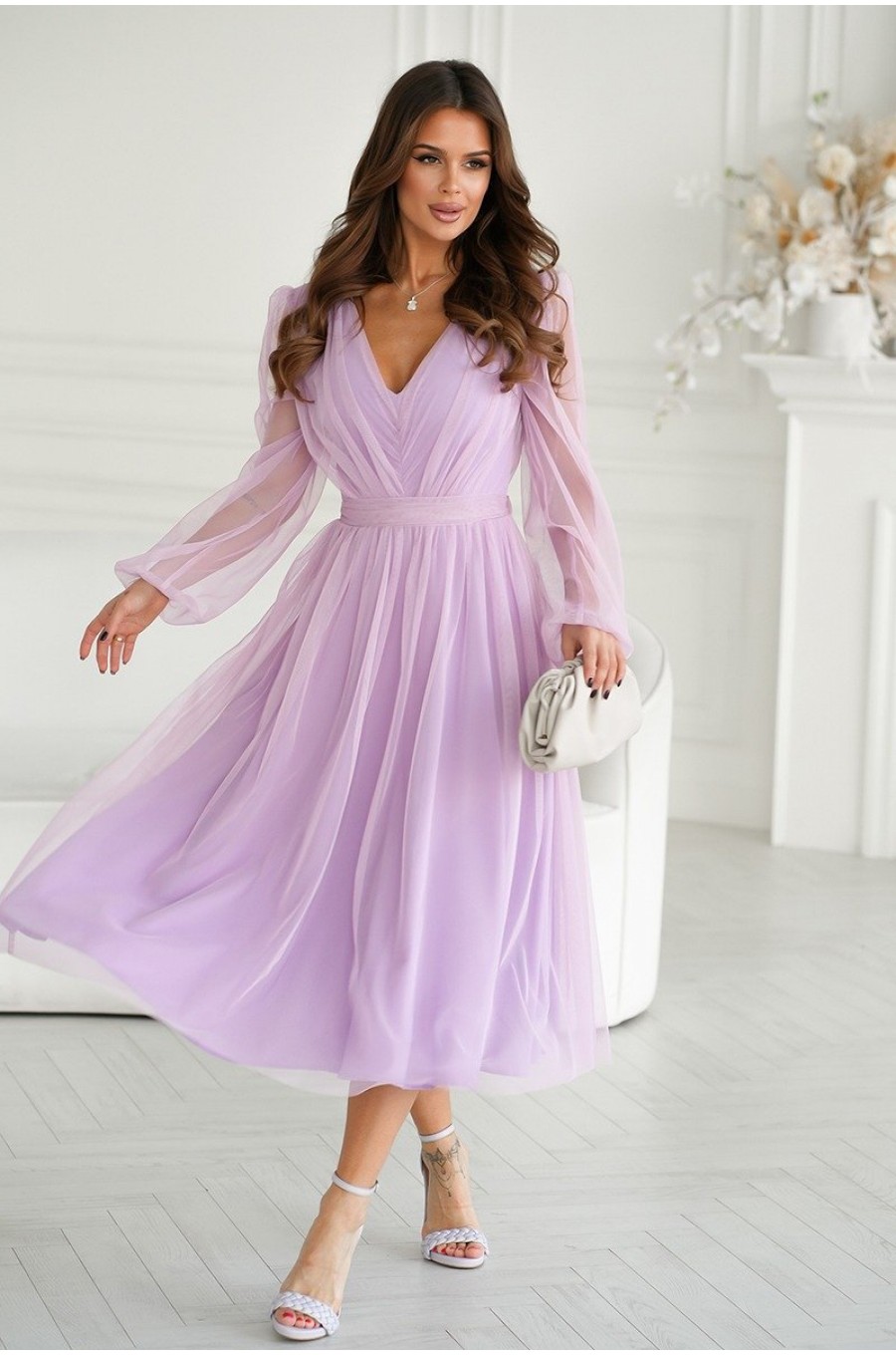 Rochie midi din tul cu glitter lila cu maneca lunga Petra 4 - dyandra.ro