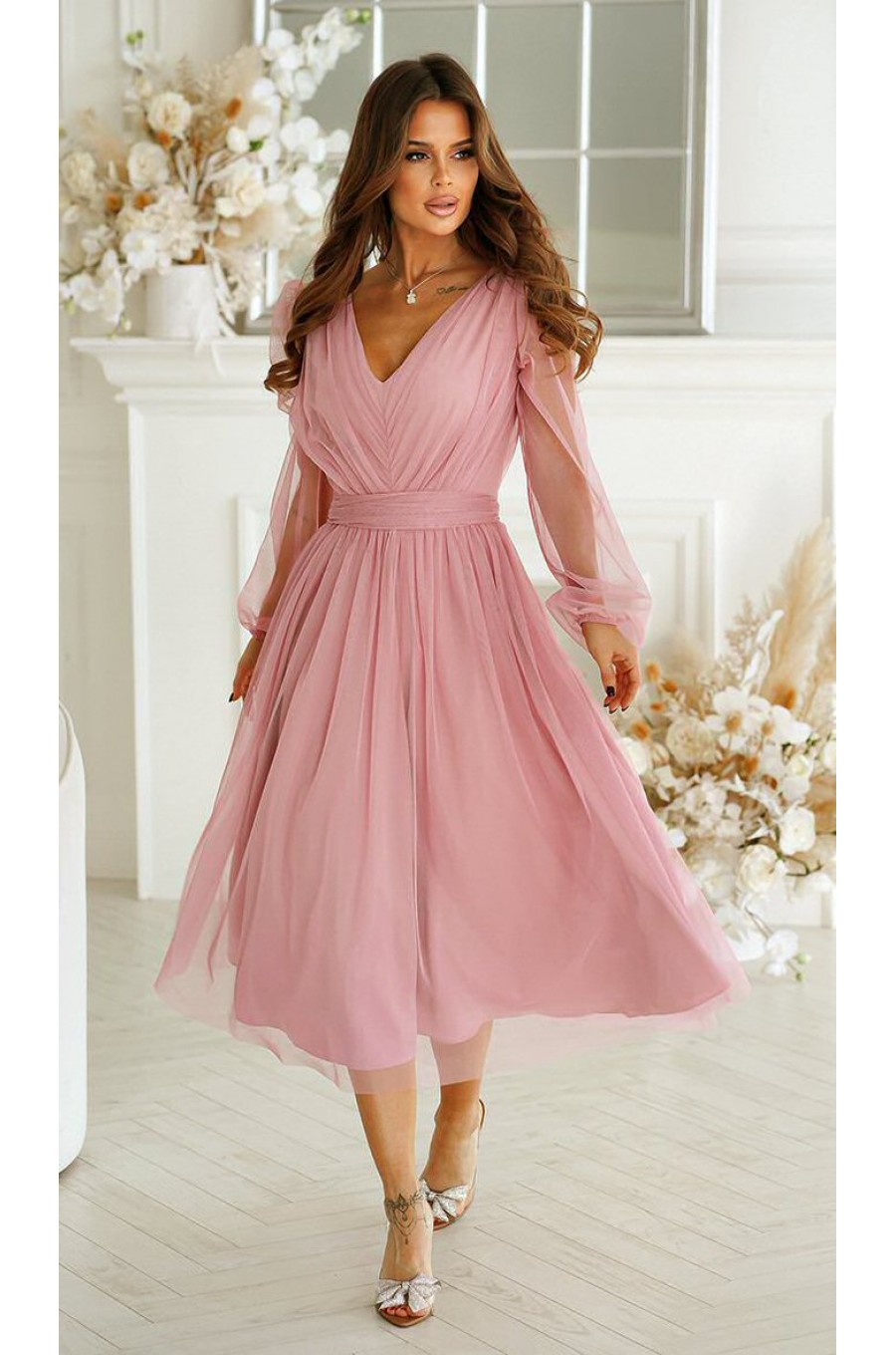 Rochie midi eleganta din tul cu glitter roz cu maneca lunga Petra 1 - dyandra.ro