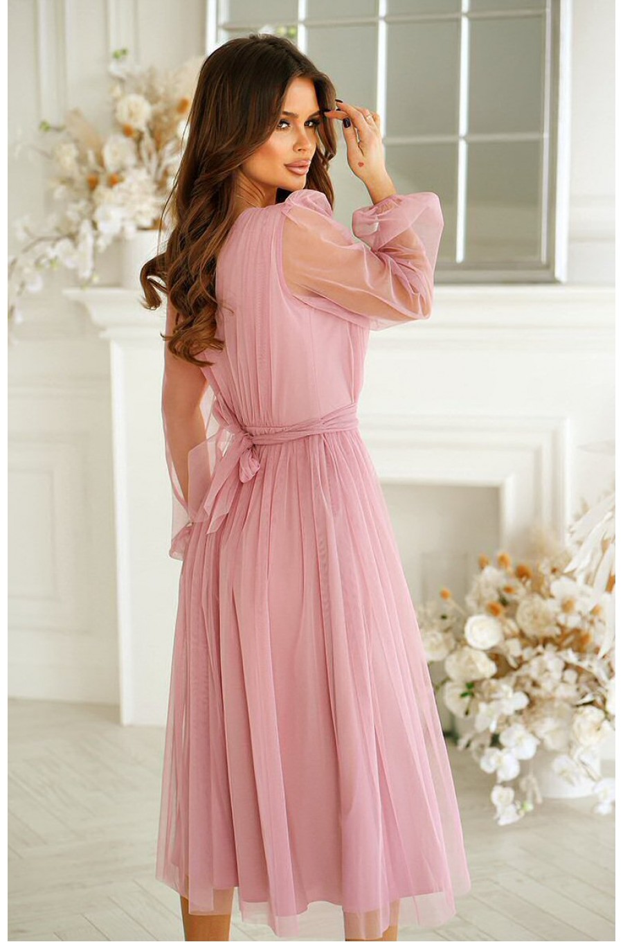Rochie midi eleganta din tul cu glitter roz cu maneca lunga Petra 2 - dyandra.ro