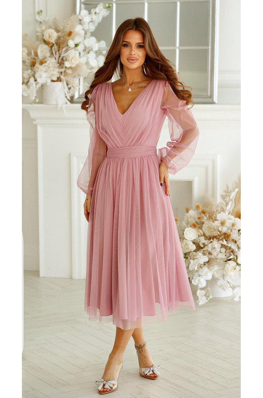 Rochie midi eleganta din tul cu glitter roz cu maneca lunga Petra 3 - dyandra.ro