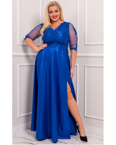 Rochie lunga marime mare albastra dantela si brocard Adalyze - dyandra.ro