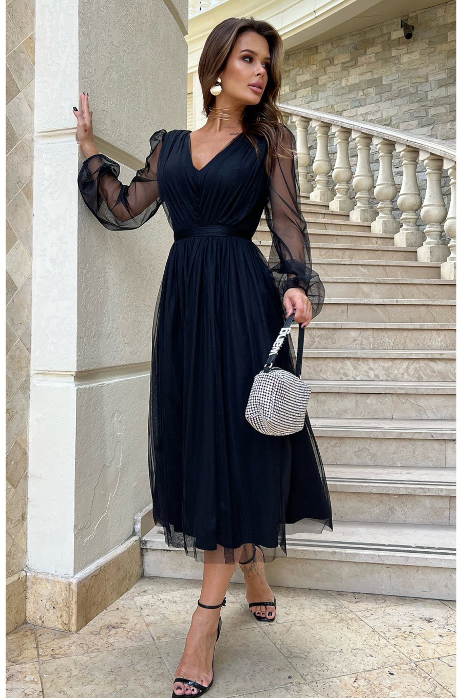 Rochie midi eleganta neagra din tul cu glitter evazata cu maneca lunga Petra 3 - dyandra.ro