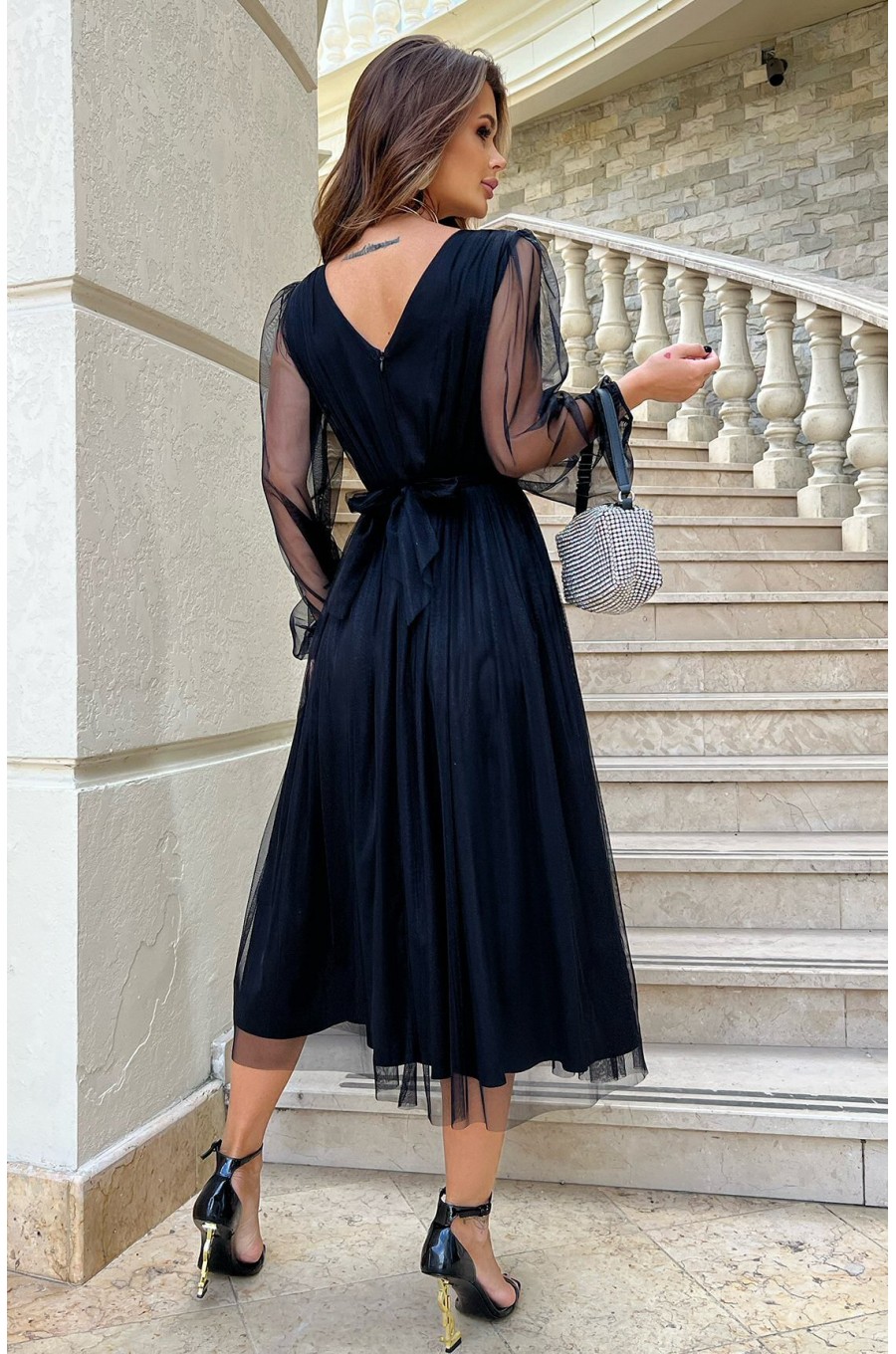 Rochie midi eleganta neagra din tul cu glitter evazata cu maneca lunga Petra 2 - dyandra.ro