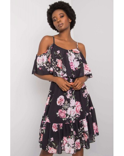 Rochie midi neagra cu flori roz cu volane si umeri goi Janett - dyandra.ro