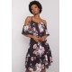 Rochie midi neagra cu flori roz cu volane si umeri goi Janett Rochie midi neagra cu flori roz cu volane si umeri goi Janett 2 - dyandra.ro